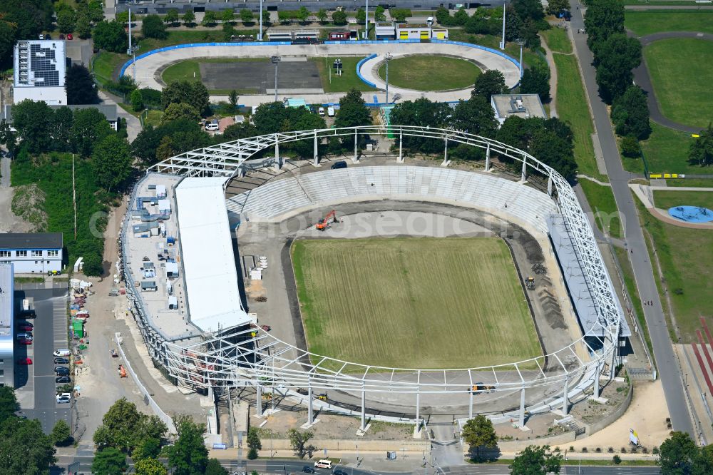 Dresden from the bird's eye view: Extension and conversion site on the sports ground of the stadium Heinz-Steyer-Stadion on street Pieschener Allee in the district Friedrichstadt in Dresden in the state Saxony, Germany