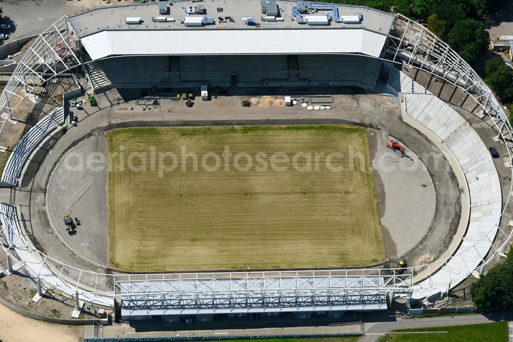 Dresden from the bird's eye view: Extension and conversion site on the sports ground of the stadium Heinz-Steyer-Stadion on street Pieschener Allee in the district Friedrichstadt in Dresden in the state Saxony, Germany