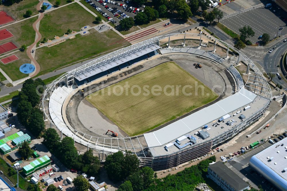 Aerial photograph Dresden - Extension and conversion site on the sports ground of the stadium Heinz-Steyer-Stadion on street Pieschener Allee in the district Friedrichstadt in Dresden in the state Saxony, Germany