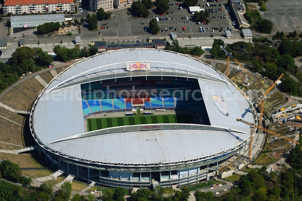 Leipzig from above - Extension and conversion site on the sports ground of the stadium Red Bull Arena Am Sportforum in Leipzig in the state Saxony, Germany