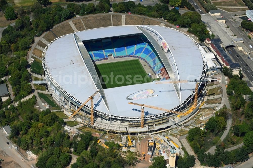 Aerial photograph Leipzig - Extension and conversion site on the sports ground of the stadium Red Bull Arena Am Sportforum in Leipzig in the state Saxony, Germany