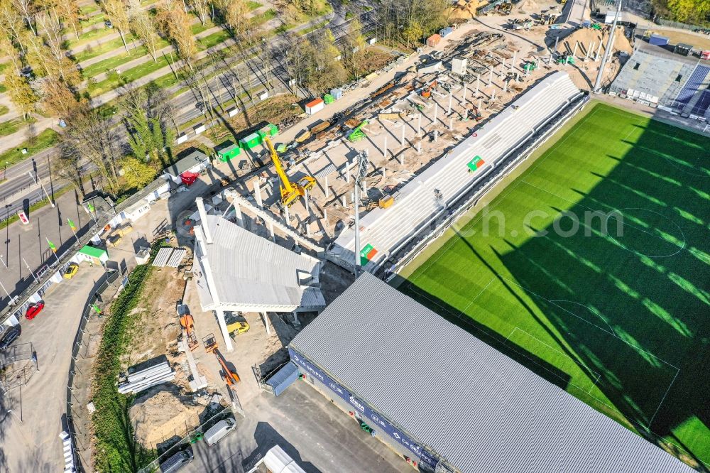 Karlsruhe from the bird's eye view: Extension and conversion site on the sports ground of the stadium Wildparkstadion in Karlsruhe in the state Baden-Wurttemberg, Germany
