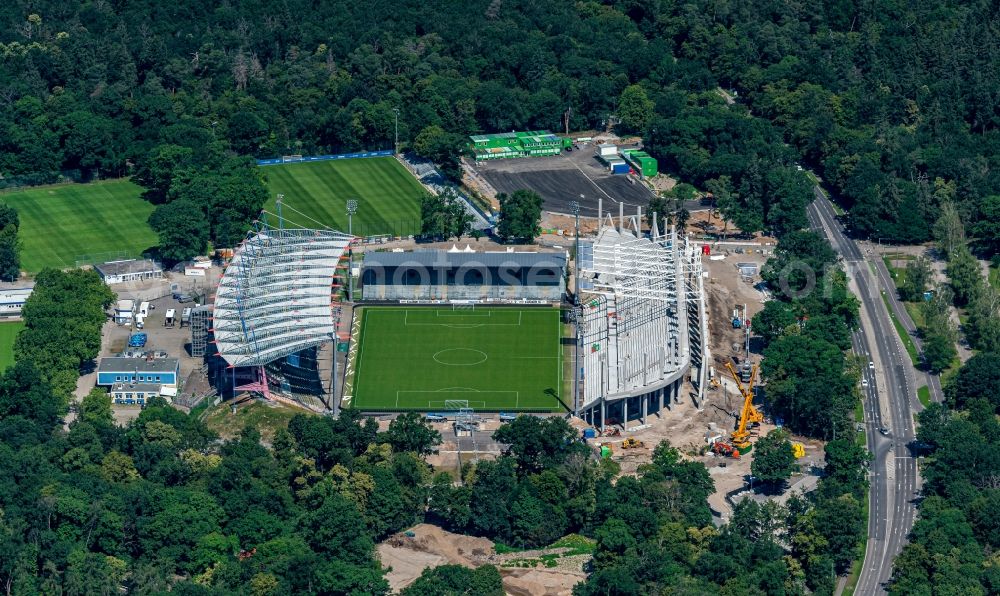 Karlsruhe from above - Extension and conversion site on the sports ground of the stadium Wildparkstadion in Karlsruhe in the state Baden-Wurttemberg, Germany