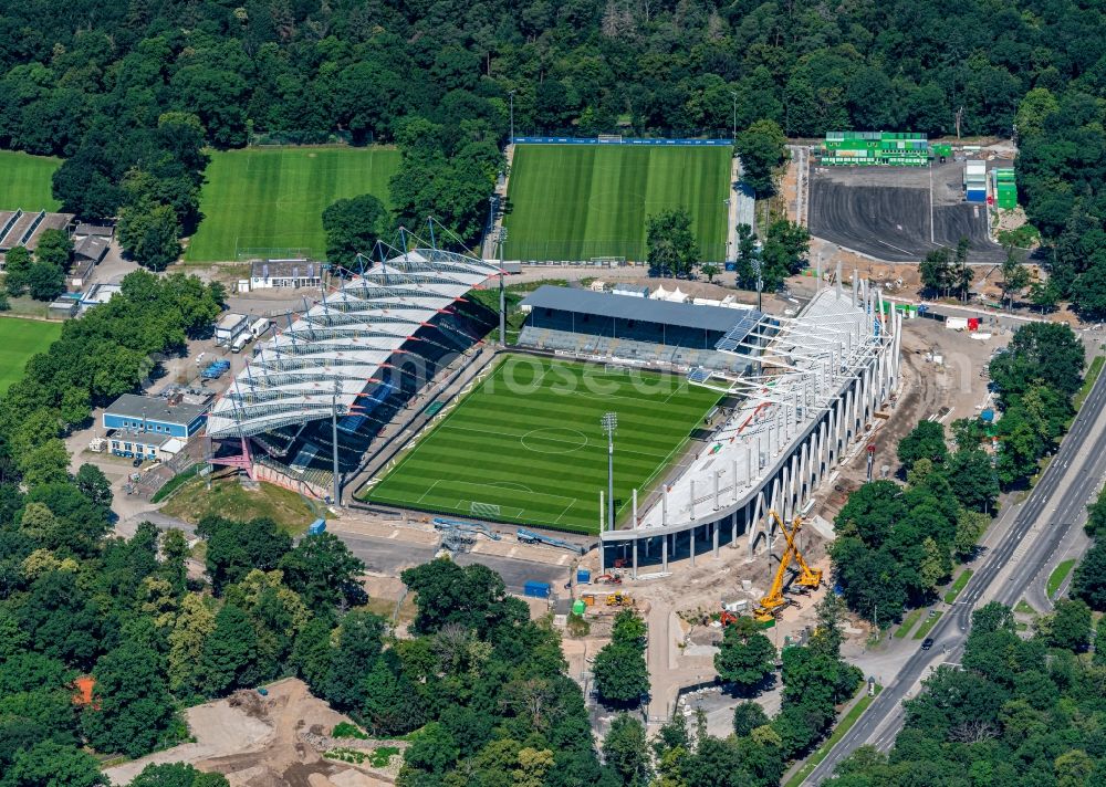 Karlsruhe from the bird's eye view: Extension and conversion site on the sports ground of the stadium Wildparkstadion in Karlsruhe in the state Baden-Wurttemberg, Germany