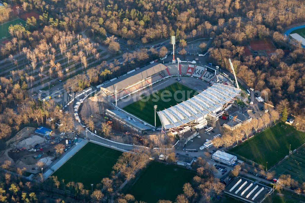Aerial photograph Karlsruhe - Extension and conversion site on the sports ground of the stadium Wildparkstadion of the KSC in Karlsruhe in the state Baden-Wurttemberg, Germany