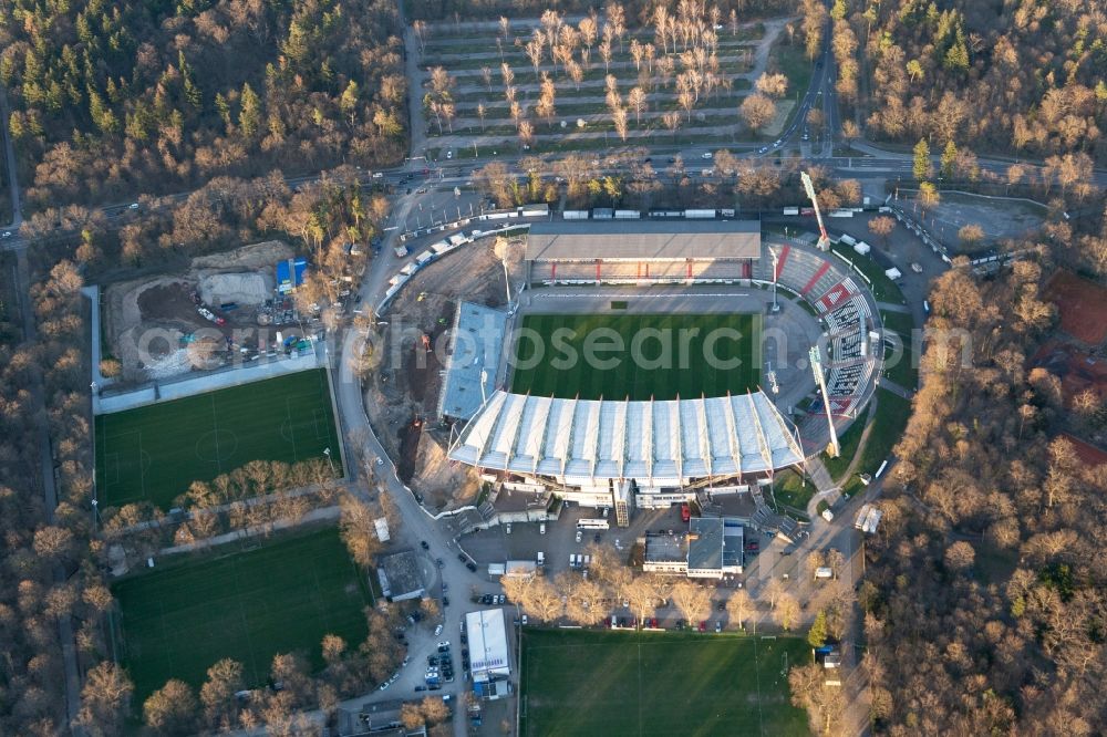 Karlsruhe from above - Extension and conversion site on the sports ground of the stadium Wildparkstadion of the KSC in Karlsruhe in the state Baden-Wurttemberg, Germany