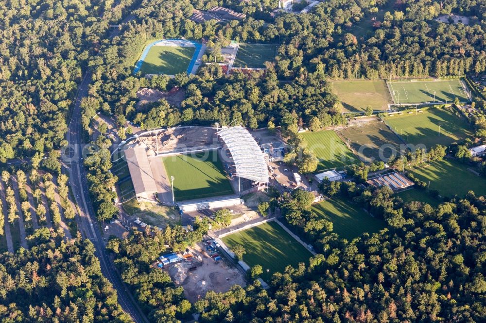 Karlsruhe from the bird's eye view: Extension and conversion site on the sports ground of the stadium Wildparkstadion of the KSC in Karlsruhe in the state Baden-Wurttemberg, Germany