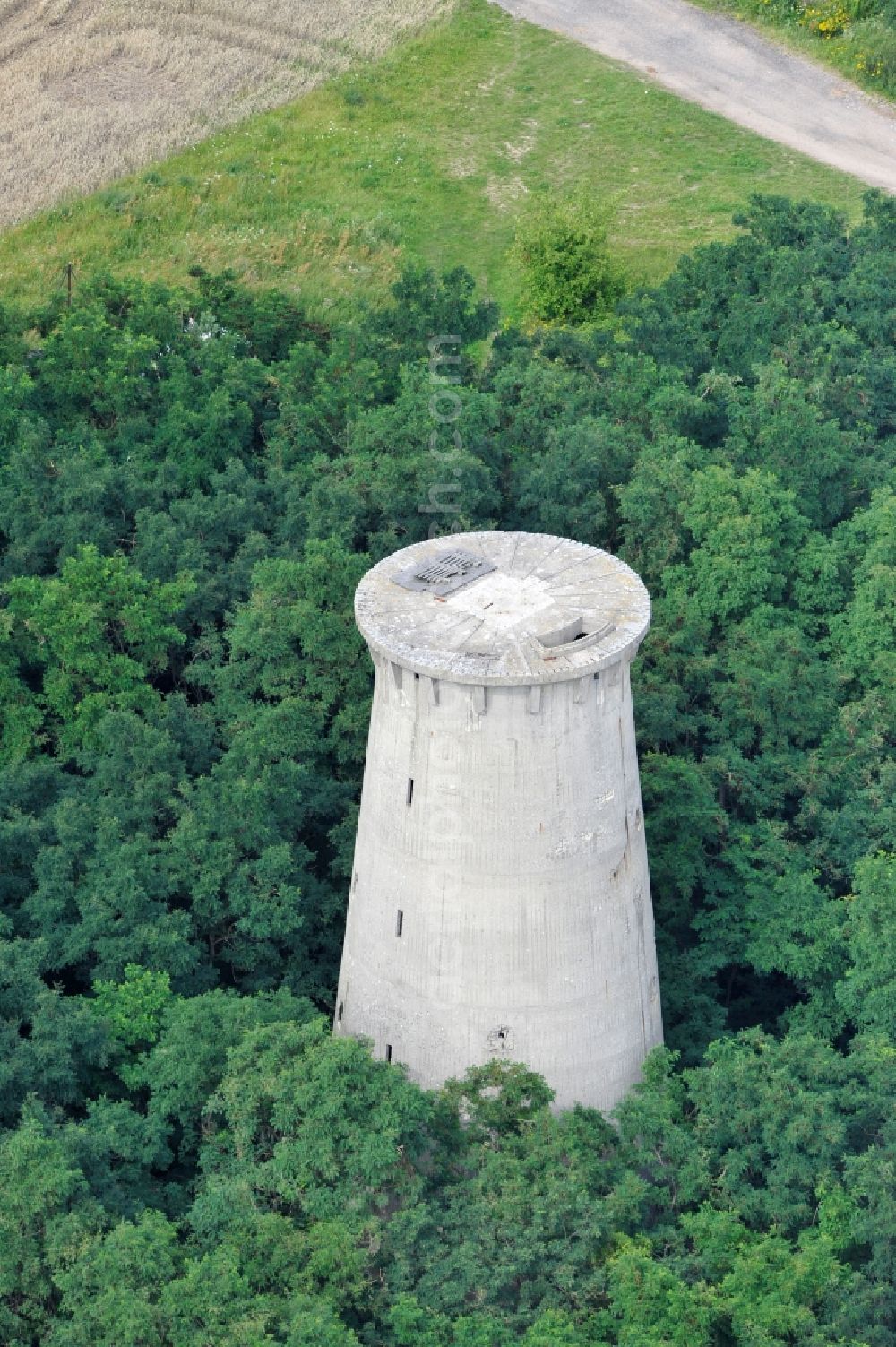 Weesow from above - Reconstruction of the concrete tower of the formally militarily used property Radarturm Weesow in Weesow in the state of Brandenburg, Germany