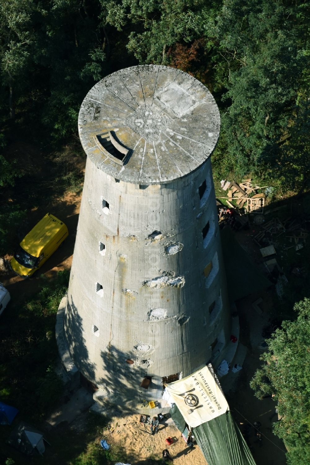 Weesow from above - Reconstruction of the concrete tower of the formally militarily used property Radarturm Weesow in Weesow in the state of Brandenburg, Germany