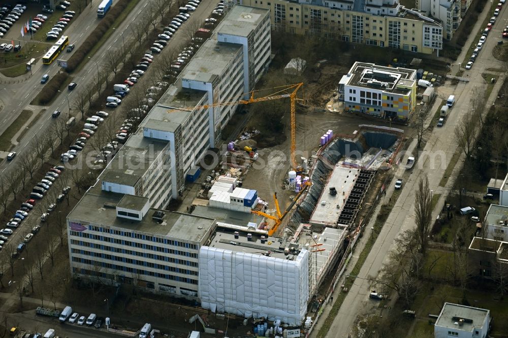 Aerial photograph Berlin - Construction site for reconstruction and modernization and renovation of an office and commercial building Das Atelierhaus on Prenzlauer Promenade Corner Arnold-Zweig-Strassein the district Pankow in Berlin, Germany