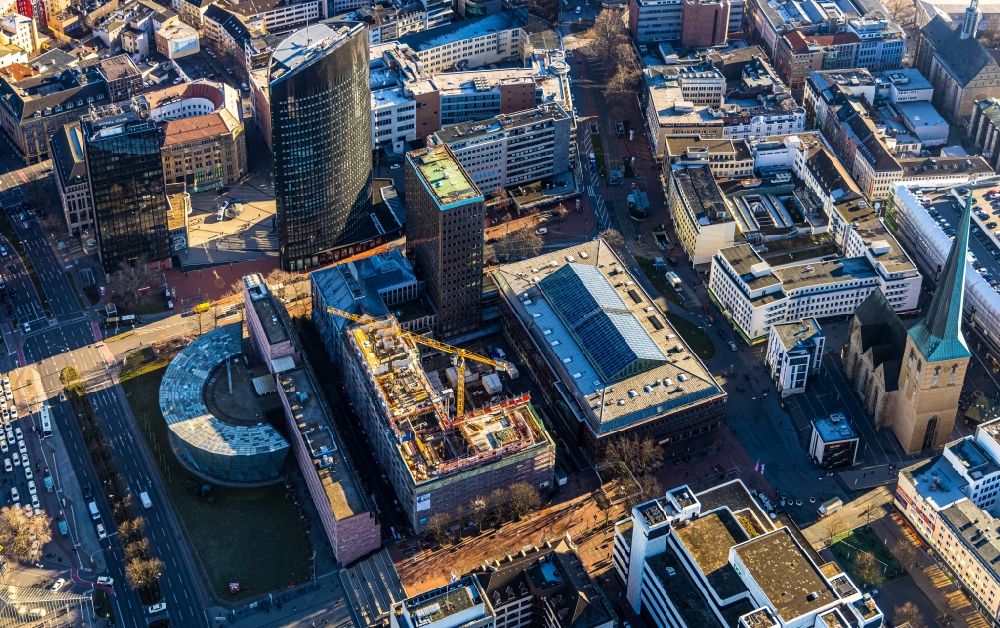 Dortmund from above - Construction site for reconstruction and modernization and renovation of an office and commercial building Dortberghau on Koenigswall - Max-Von-Der-Gruen-Platz in the district City-West in Dortmund in the state North Rhine-Westphalia, Germany