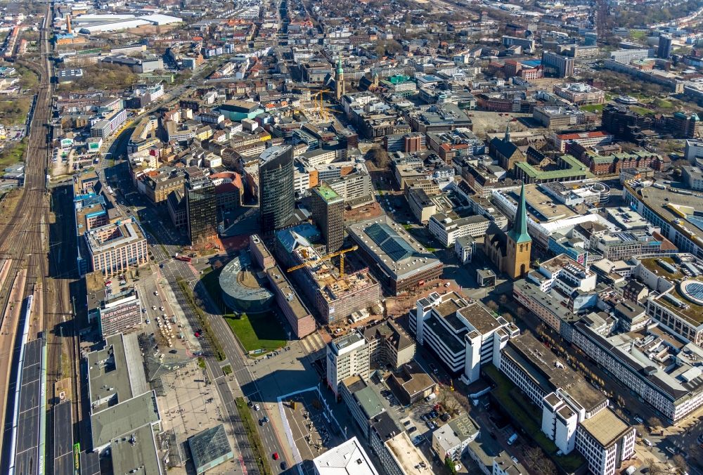 Dortmund from above - Construction site for the conversion, modernization and refurbishment of an office and commercial building Dortberghaus to the Intercity-Hotel am Koenigswall - Max-von-der-Gruen-Platz in the district City-West in Dortmund in the state North Rhine-Westphalia, Germany