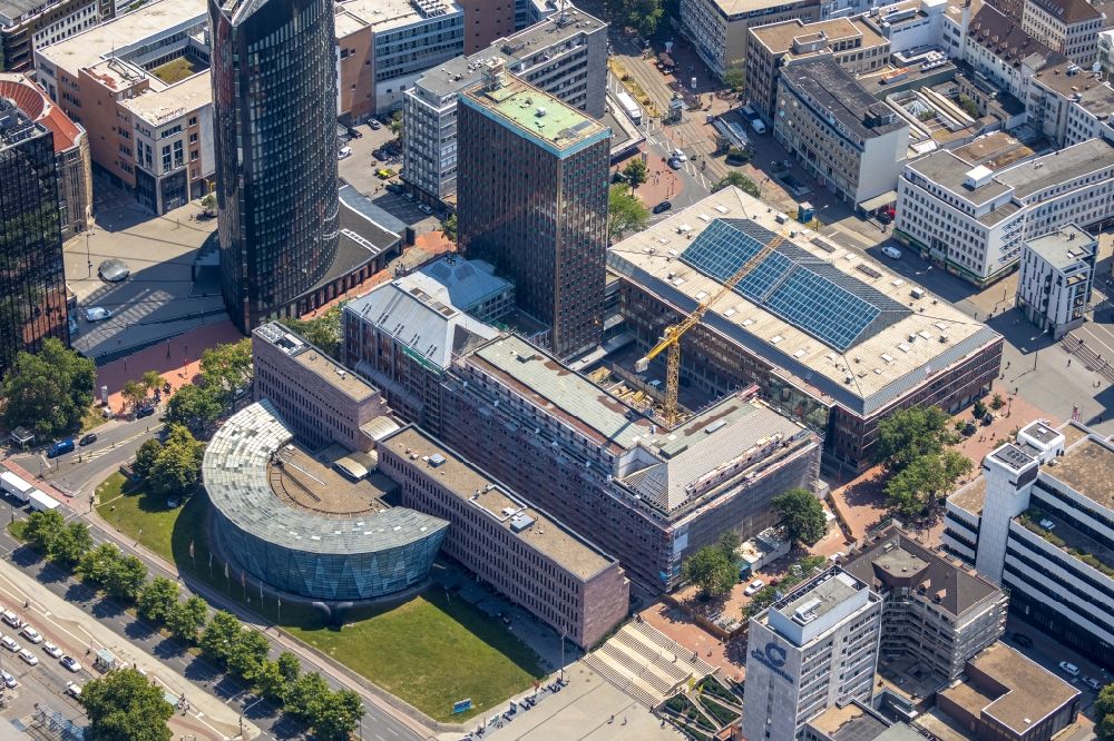 Aerial photograph Dortmund - Construction site for the conversion, modernization and refurbishment of an office and commercial building Dortberghaus to the Intercity-Hotel am Koenigswall - Max-von-der-Gruen-Platz in the district City-West in Dortmund in the state North Rhine-Westphalia, Germany