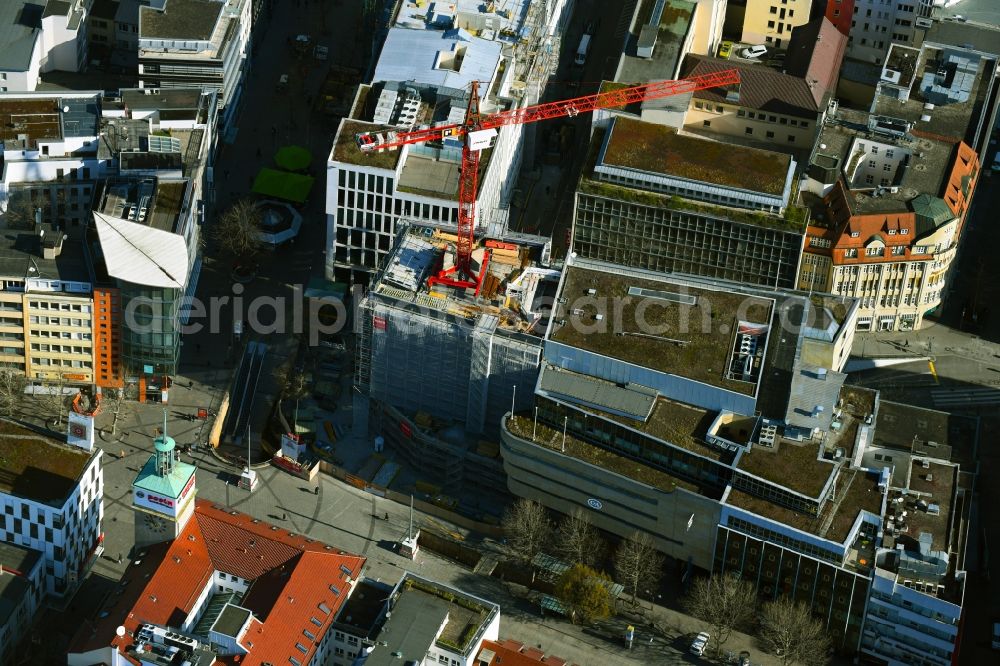 Stuttgart from the bird's eye view: Construction site for reconstruction and modernization and renovation of an office and commercial building on Koenigstrasse in Stuttgart in the state Baden-Wurttemberg, Germany