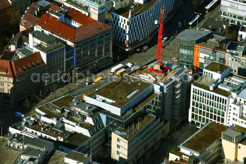 Stuttgart from above - Construction site for reconstruction and modernization and renovation of an office and commercial building on Koenigstrasse in Stuttgart in the state Baden-Wurttemberg, Germany