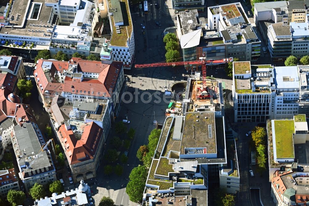 Stuttgart from the bird's eye view: Construction site for reconstruction and modernization and renovation of an office and commercial building on Koenigstrasse in Stuttgart in the state Baden-Wurttemberg, Germany