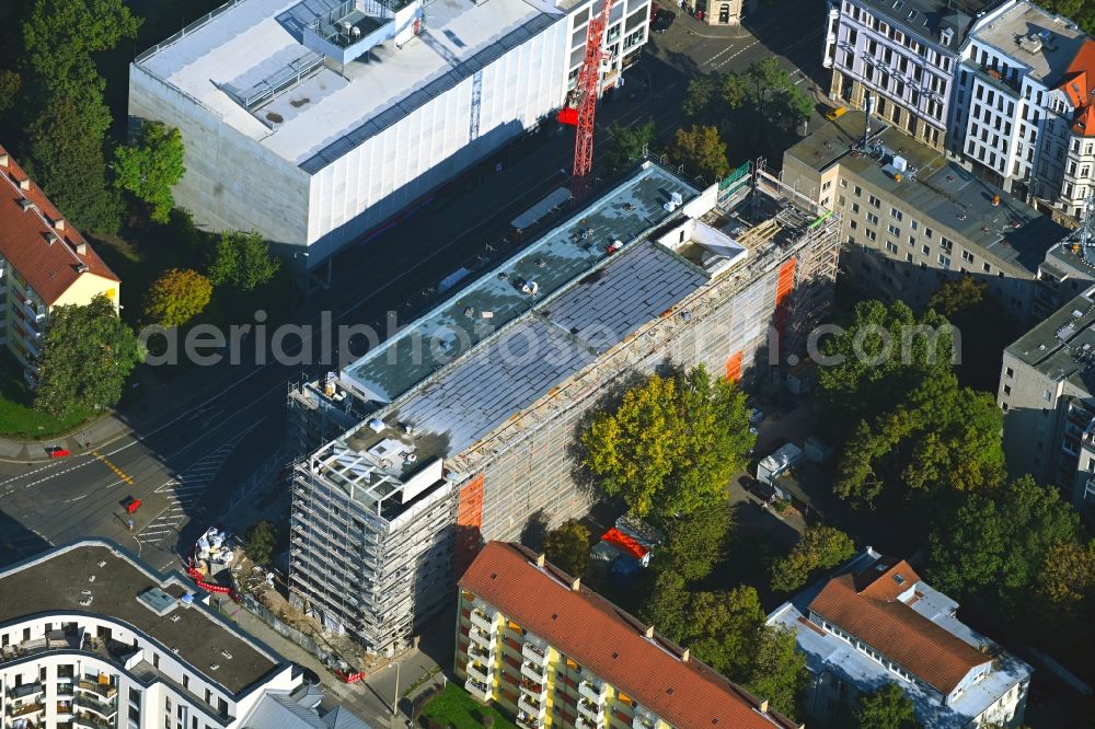 Aerial image Leipzig - Construction site for reconstruction and modernization and renovation of an office and commercial building on Kaethe-Kollwitz-Strasse in Leipzig in the state Saxony, Germany