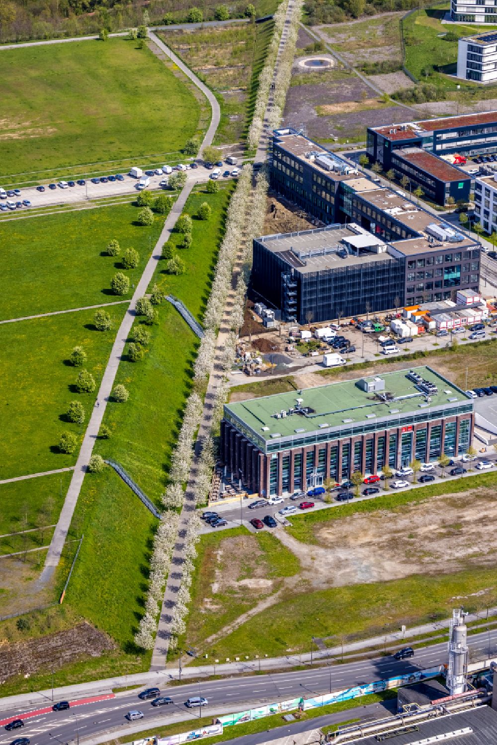 Dortmund from the bird's eye view: Construction site for reconstruction and modernization and renovation of an office and commercial building Phoenix-Arcaden on Antonio-Segni-Strasse in the district Phoenix-West in Dortmund at Ruhrgebiet in the state North Rhine-Westphalia, Germany