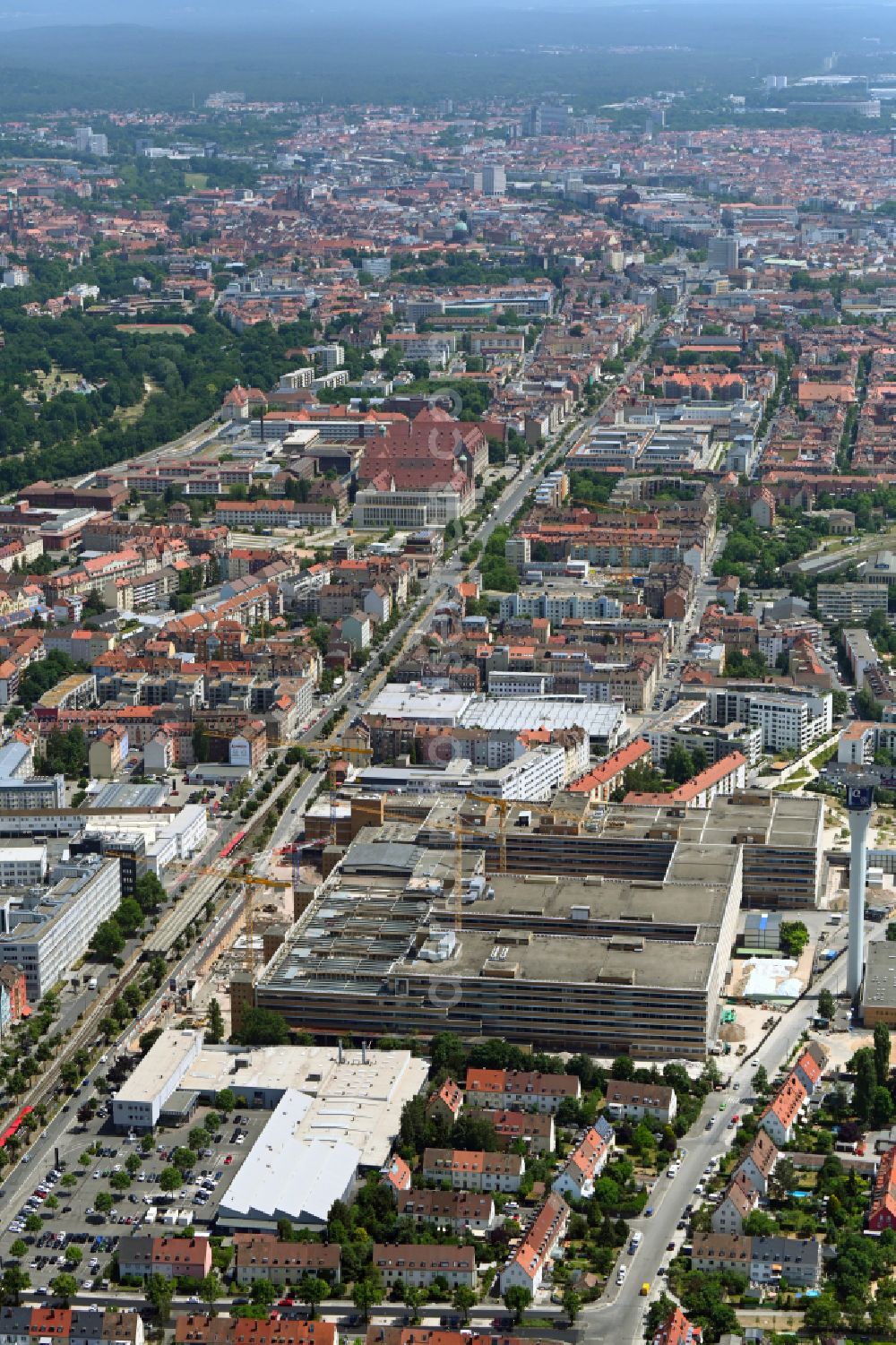 Aerial photograph Nürnberg - Construction site for reconstruction and modernization and renovation of an office and commercial building The Q Quelle on street Fuerther Strasse in the district Eberhardshof in Nuremberg in the state Bavaria, Germany