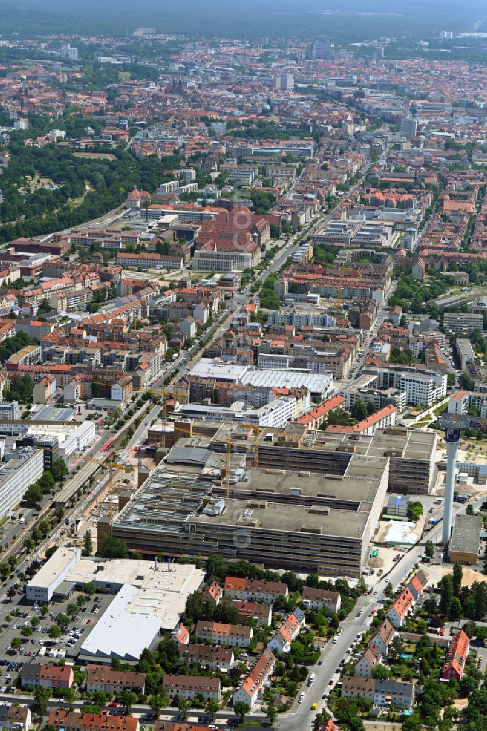 Nürnberg from above - Construction site for reconstruction and modernization and renovation of an office and commercial building The Q Quelle on street Fuerther Strasse in the district Eberhardshof in Nuremberg in the state Bavaria, Germany