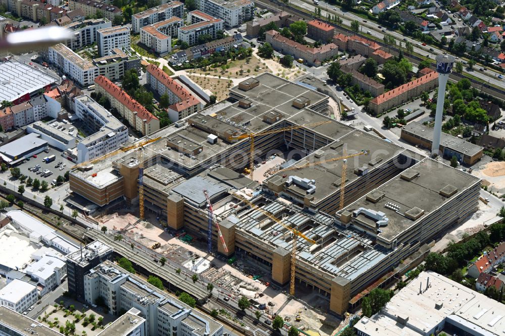 Nürnberg from above - Construction site for reconstruction and modernization and renovation of an office and commercial building The Q Quelle on street Fuerther Strasse in the district Eberhardshof in Nuremberg in the state Bavaria, Germany