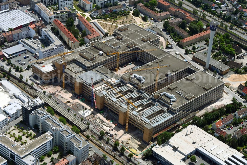 Nürnberg from the bird's eye view: Construction site for reconstruction and modernization and renovation of an office and commercial building The Q Quelle on street Fuerther Strasse in the district Eberhardshof in Nuremberg in the state Bavaria, Germany