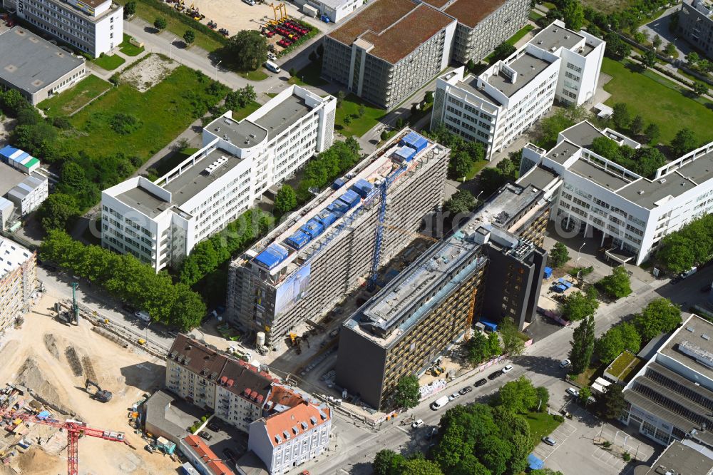 München from above - Construction site for reconstruction and modernization and renovation of an office and commercial building M-YARD on Gmunder Strasse - Hofmannstrasse in the district Obersendling in Munich in the state Bavaria, Germany