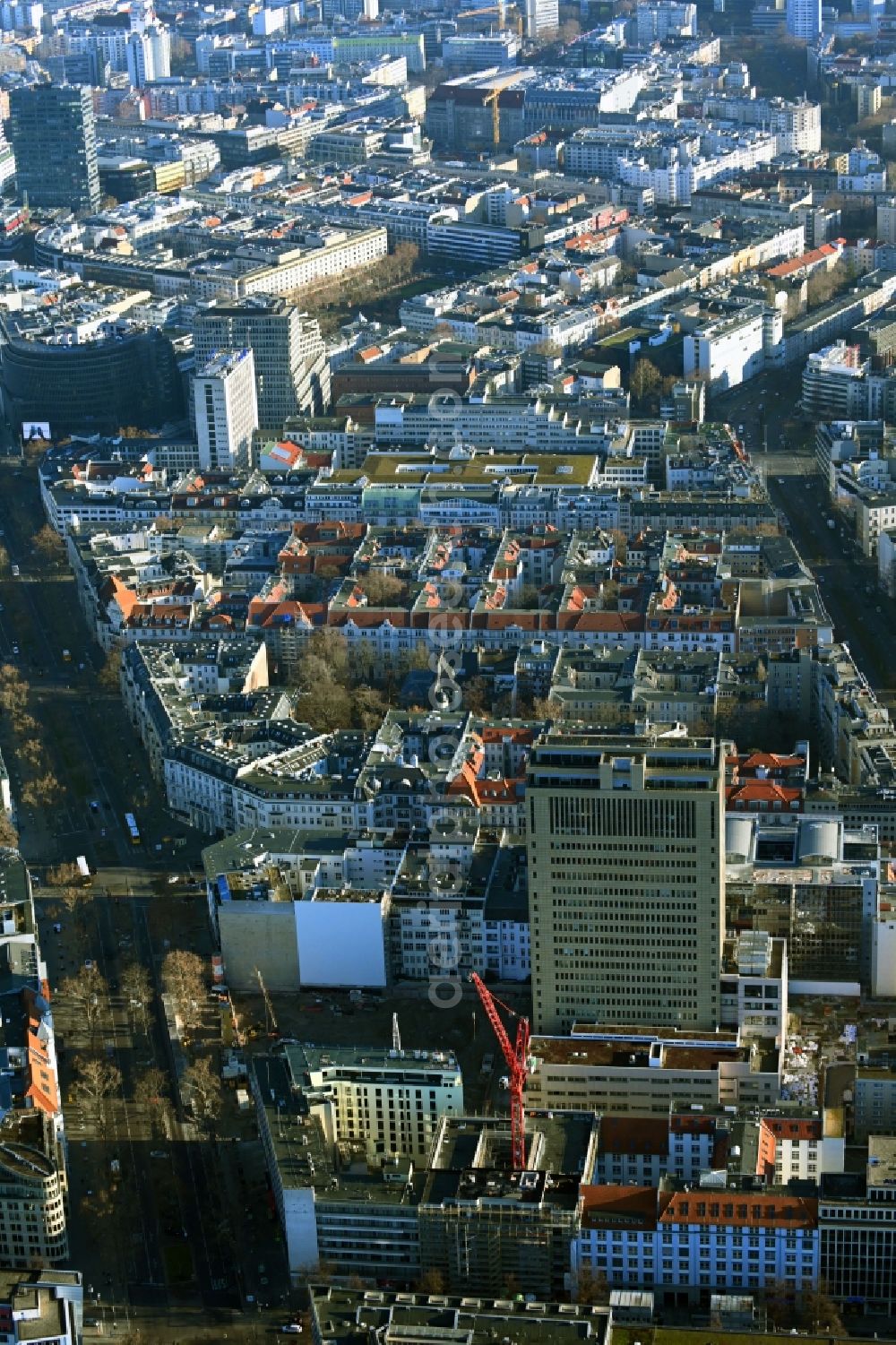 Berlin from the bird's eye view: Construction site for reconstruction and modernization and renovation of an office and commercial building Fuerst in the district Charlottenburg in Berlin, Germany