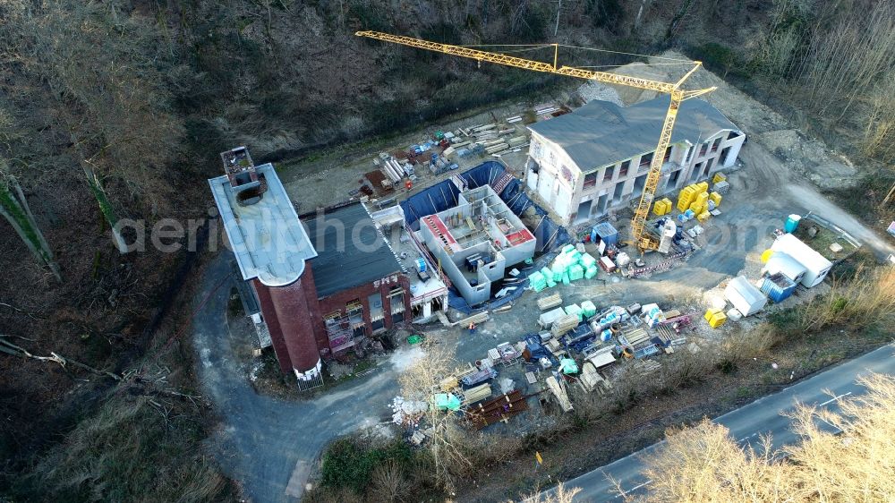 Bad Honnef from the bird's eye view: Conversion of the former Mesenholl laundry into a barrier-free apartment house in the Schmelztal in Bad Honnef in the state of North Rhine-Westphalia, Germany