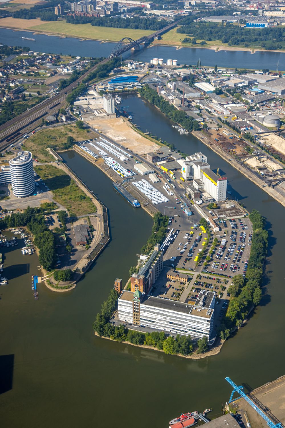 Aerial image Düsseldorf - Construction site for the conversion of the former Plange mill to an office and commercial building in Dusseldorf in the federal state of North Rhine-Westphalia, Germany