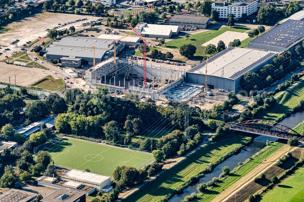 Aerial photograph Offenburg - Reconstruction and extension Construction site at the exhibition grounds and exhibition halls of the Halle Edeka Arena in Offenburg in the state Baden-Wuerttemberg, Germany