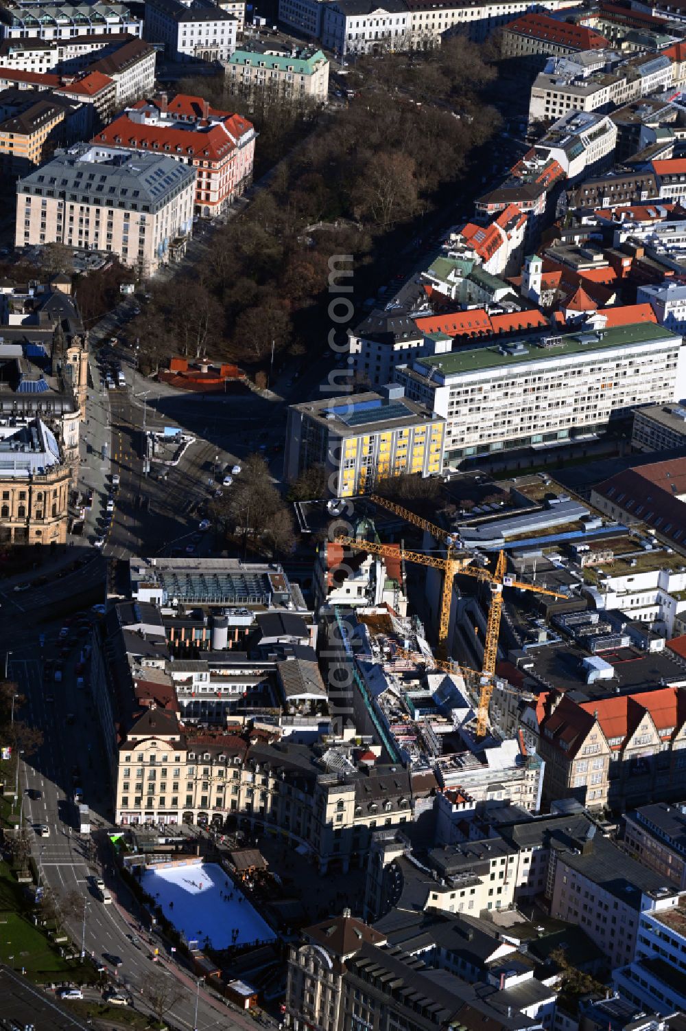 München from the bird's eye view: Construction site for reconstruction and modernization and renovation of an office and commercial building on street Neuhauser Strasse - Herzog-Max-Strasse in the district Altstadt in Munich in the state Bavaria, Germany