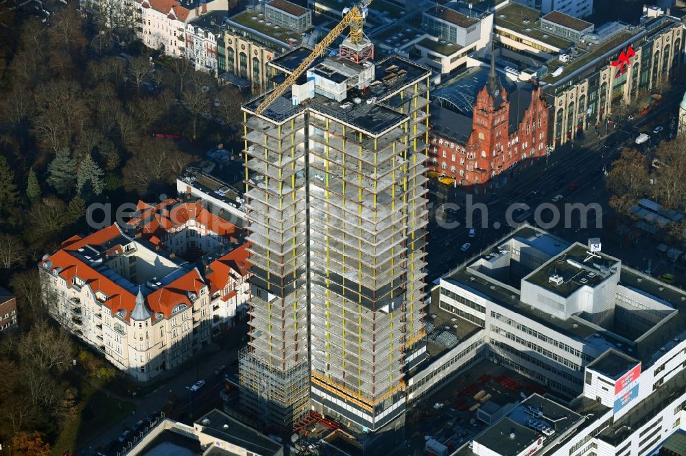 Berlin from the bird's eye view: Highrise building of the Steglitzer Kreisel - UeBERLIN Wohntower complex on Schlossstrasse in the district of Steglitz in Berlin