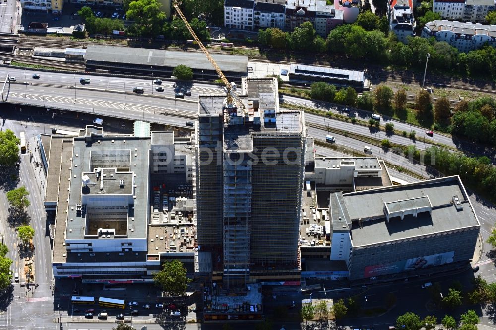Aerial photograph Berlin - Construction site for the reconstruction of the high-rise building and building complex Steglitzer Kreisel - UBERLIN residential tower on Schlossstrasse in the district of Steglitz in Berlin