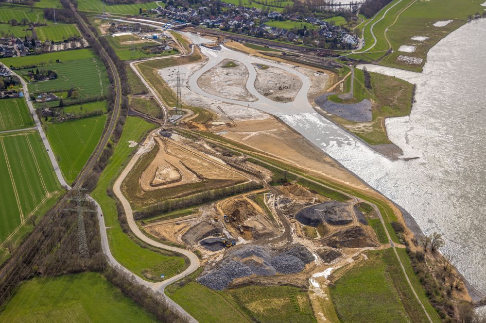 Eppinghoven from above - Conversion - construction site of the Emscher estuary in the Rhine near Eppinghoven in the state of North Rhine-Westphalia