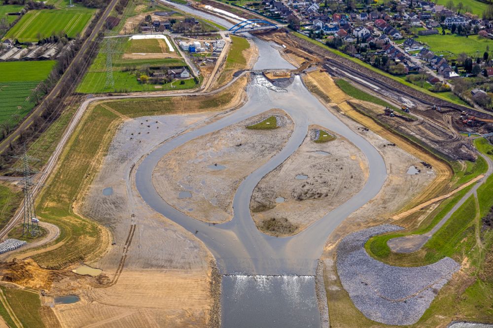 Aerial photograph Eppinghoven - Conversion - construction site of the Emscher estuary in the Rhine near Eppinghoven in the state of North Rhine-Westphalia