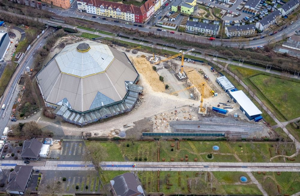 Oberhausen from the bird's eye view: Conversion construction site for the modernization and refurbishment of the Gartendom on Vestischen Strasse in Oberhausen in the Ruhr area in the state North Rhine-Westphalia, Germany
