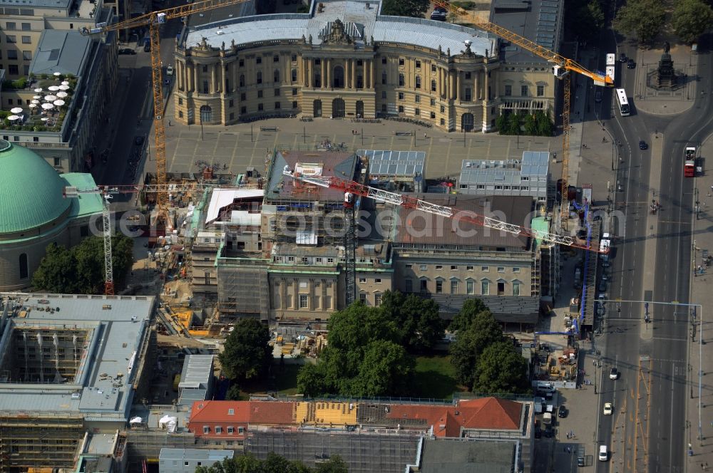 Aerial image Berlin - View of the reconstruction and renovation of the building of the Staatsoper Unter den Linden in Berlin at Bebelplatz. It is the oldest opera house and theater building in Berlin. A new building will serve as stacks and warehouse for the Staatsoper Komplex. The architect HG Merz is a overseeing the reconstruction of the historical building complex