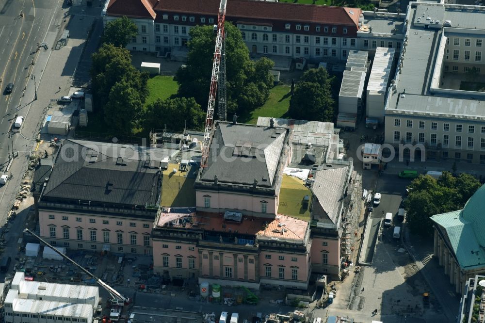 Aerial image Berlin - Reconstruction and renovation of the building of the Staatsoper Unter den Linden in Berlin at Bebelplatz. It is the oldest opera house and theater building in Berlin. A new building will serve as stacks and warehouse for the Staatsoper Komplex. The architect HG Merz is a overseeing the reconstruction of the historical building complex