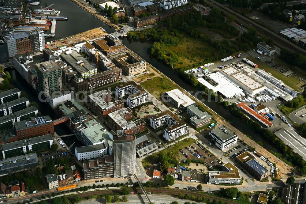 Hamburg from the bird's eye view: Reconstruction and new construction of high-rise building Channel Tower Hamburg in the business area on street Karnapp in Hamburg, Germany