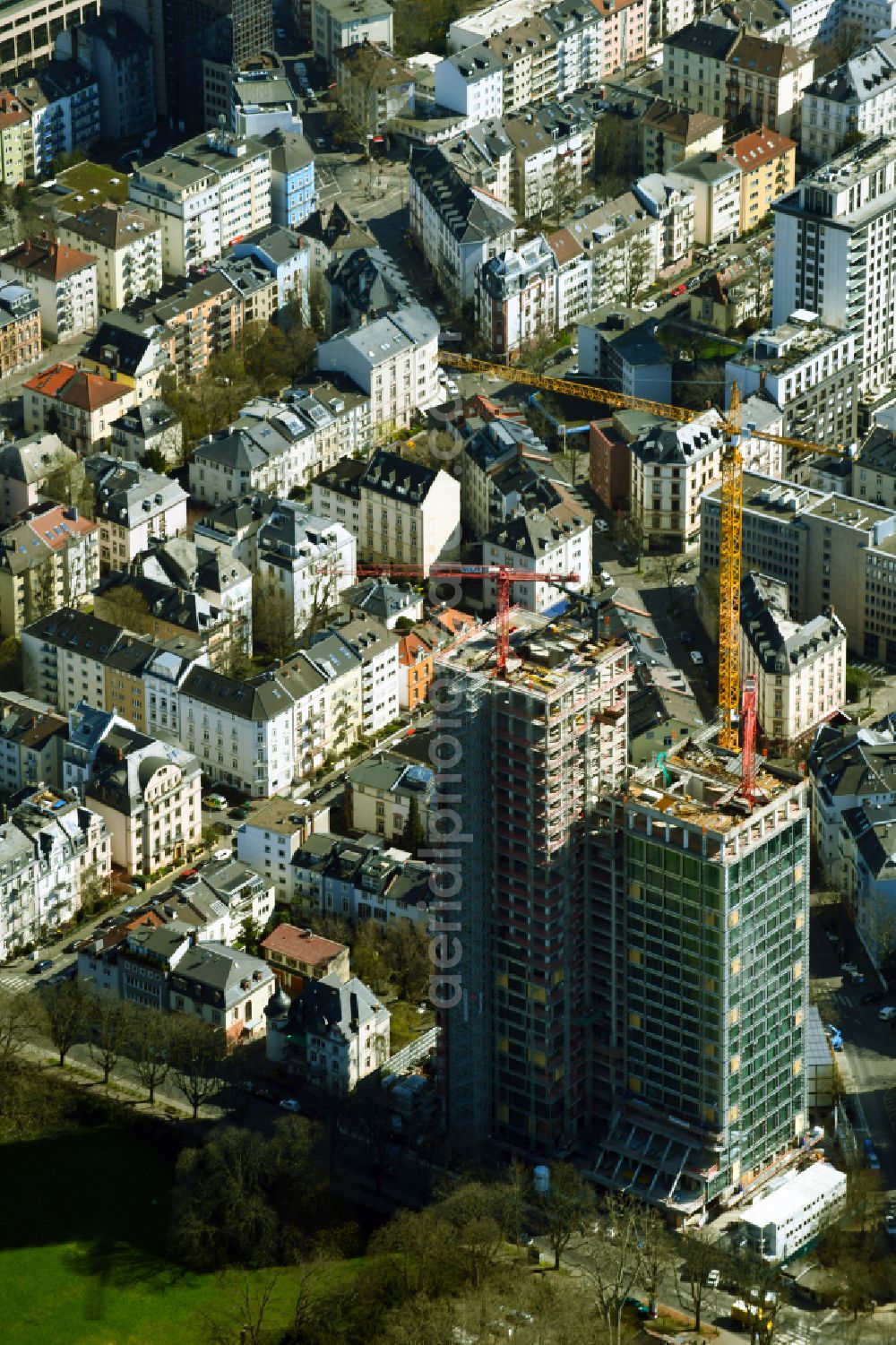 Frankfurt am Main from above - Reconstruction and new construction of high-rise building 160 PARK VIEW on Fuerstenbergerstrasse in Frankfurt in the state Hesse, Germany