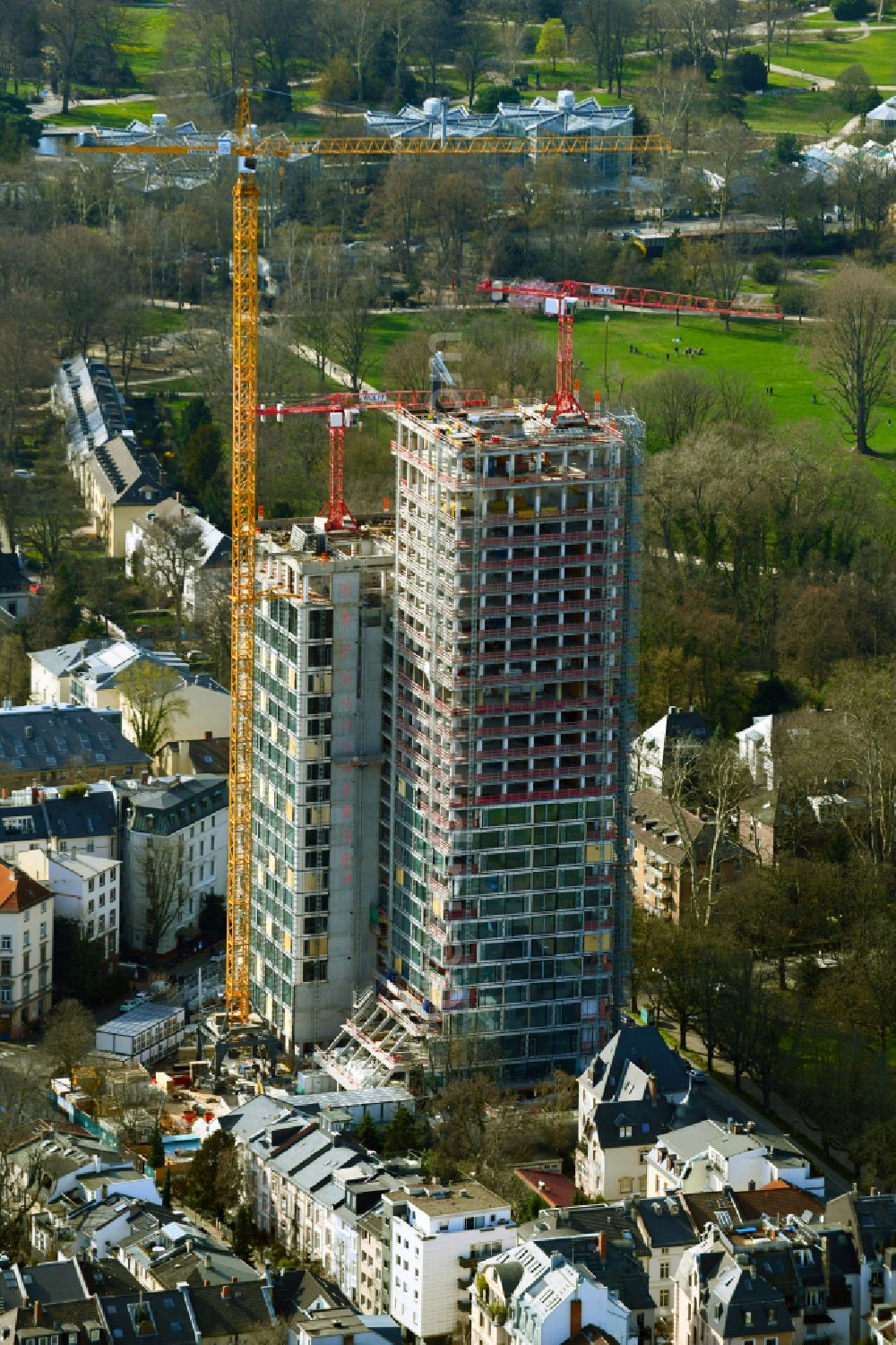 Frankfurt am Main from the bird's eye view: Reconstruction and new construction of high-rise building 160 PARK VIEW on Fuerstenbergerstrasse in Frankfurt in the state Hesse, Germany