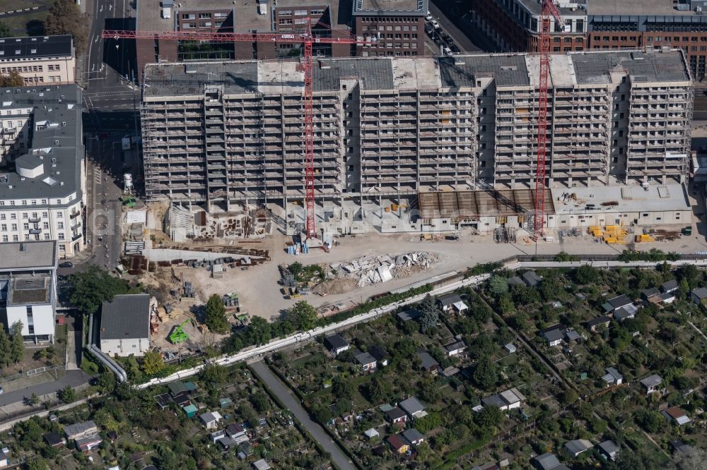 Leipzig from the bird's eye view: Reconstruction and new construction of high-rise building Vertical Village Apartments FourLiving on Prager Strasse in Leipzig in the state Saxony, Germany
