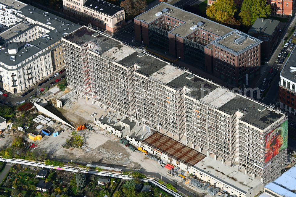 Leipzig from the bird's eye view: Reconstruction and new construction of high-rise building Vertical Village Apartments FourLiving on Prager Strasse in Leipzig in the state Saxony, Germany