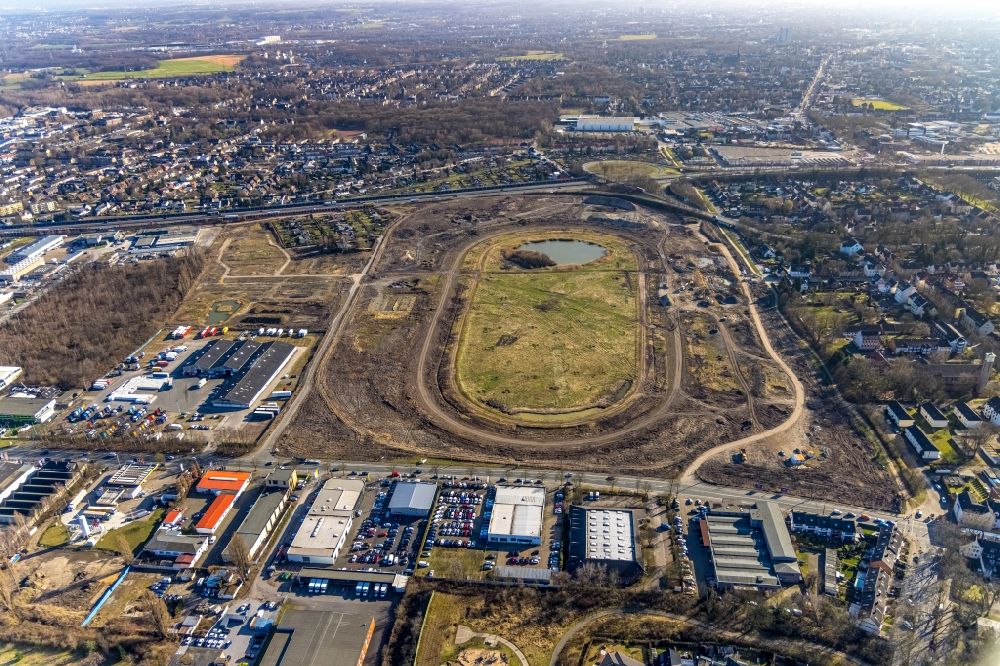 Recklinghausen from above - Development, demolition and renovation work on the site of the former racing track - harness racing track as part of the integrated district development concept (ISEK) Hillerheide in Recklinghausen in the state of North Rhine-Westphalia, Germany
