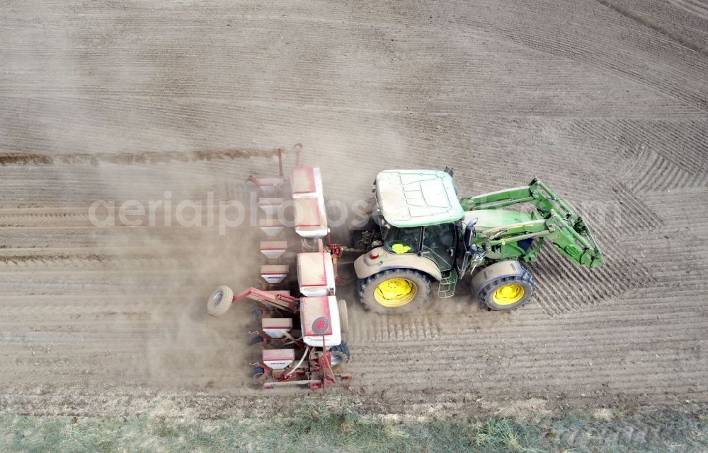Haseloff from the bird's eye view: Plowing and shifting the earth by a tractor with plow on agricultural fields in Haseloff in the state Brandenburg, Germany