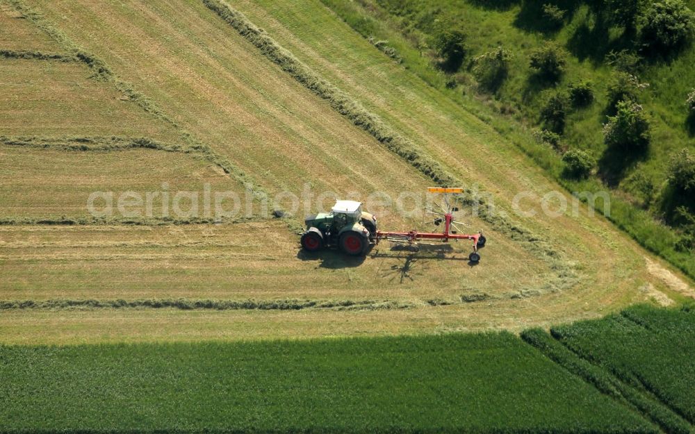 Kirchheilingen from the bird's eye view: Plowing and shifting the earth by a tractor with plow on agricultural fields in Kirchheilingen in the state Thuringia, Germany