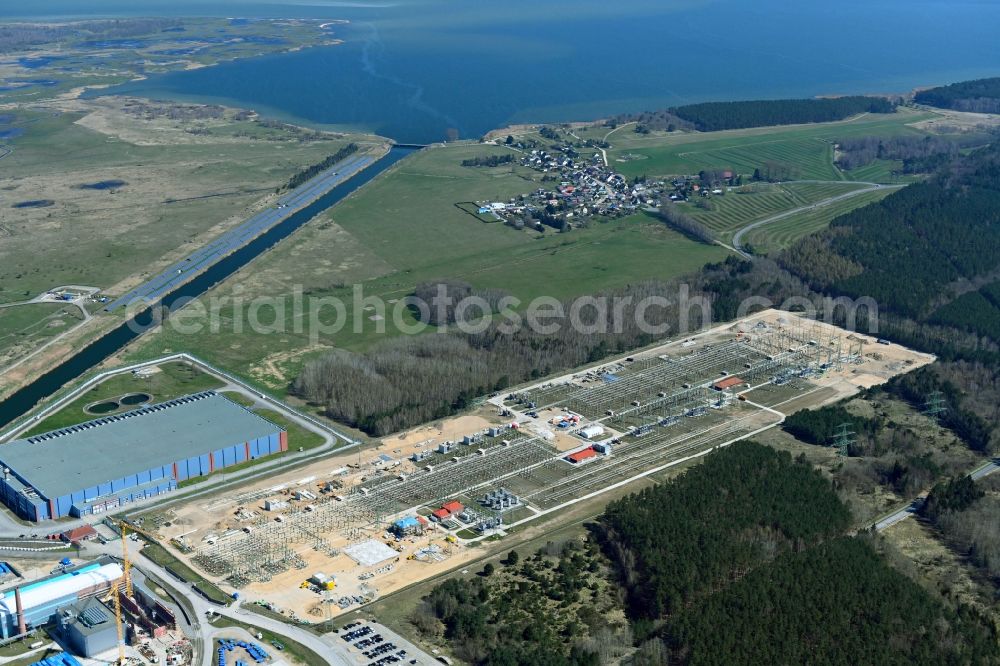 Aerial photograph Rubenow - Site of the substation for voltage conversion and electrical power supply Umspannwerk Lubmin in Rubenow in the state Mecklenburg - Western Pomerania, Germany
