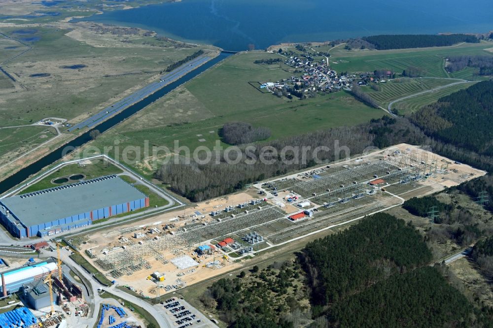Rubenow from above - Site of the substation for voltage conversion and electrical power supply Umspannwerk Lubmin in Rubenow in the state Mecklenburg - Western Pomerania, Germany