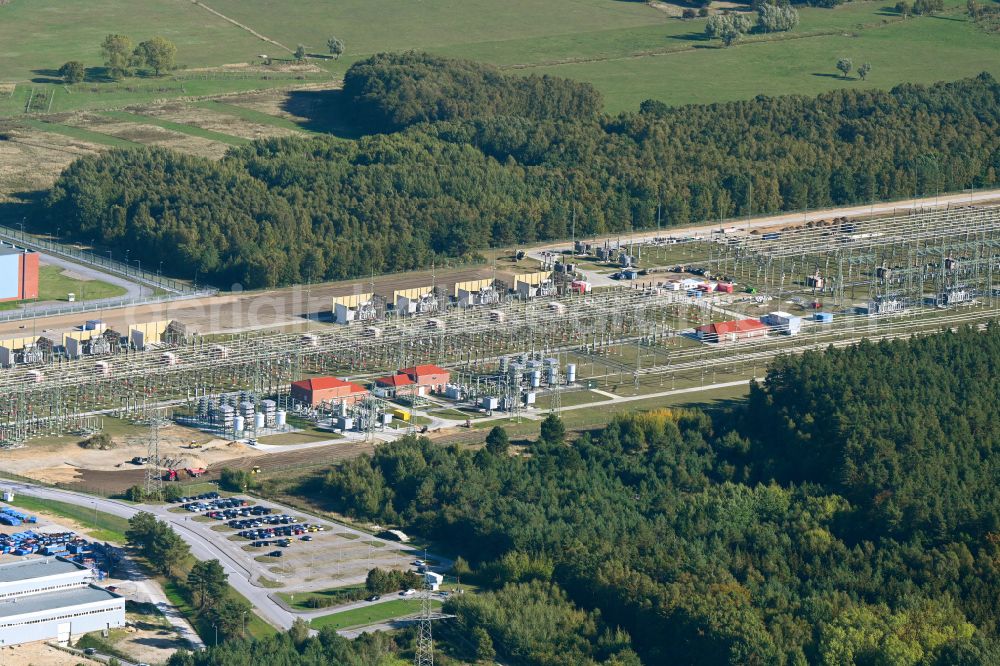 Rubenow from above - Site of the substation for voltage conversion and electrical power supply Umspannwerk Lubmin in Rubenow in the state Mecklenburg - Western Pomerania, Germany